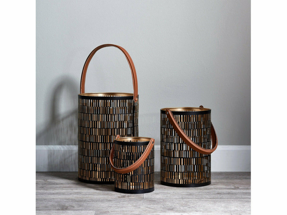 Taiga metallilyhtysetti, musta/kulta, nahkakahva - Huonekalukauppa.net