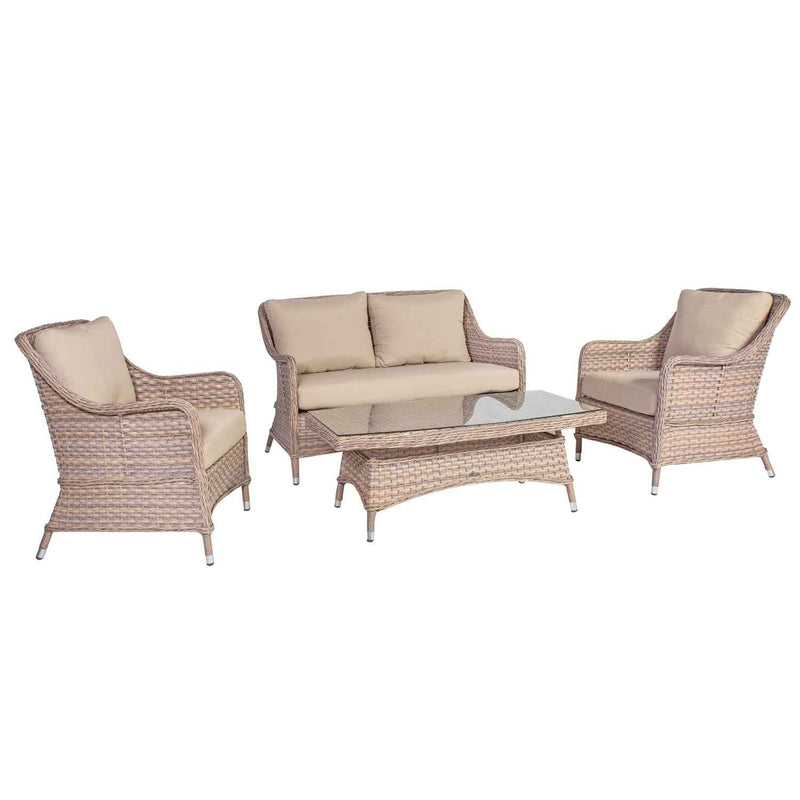 Eden puutarhakalustesetti, pöytä, sohva ja 2 nojatuolia, beige