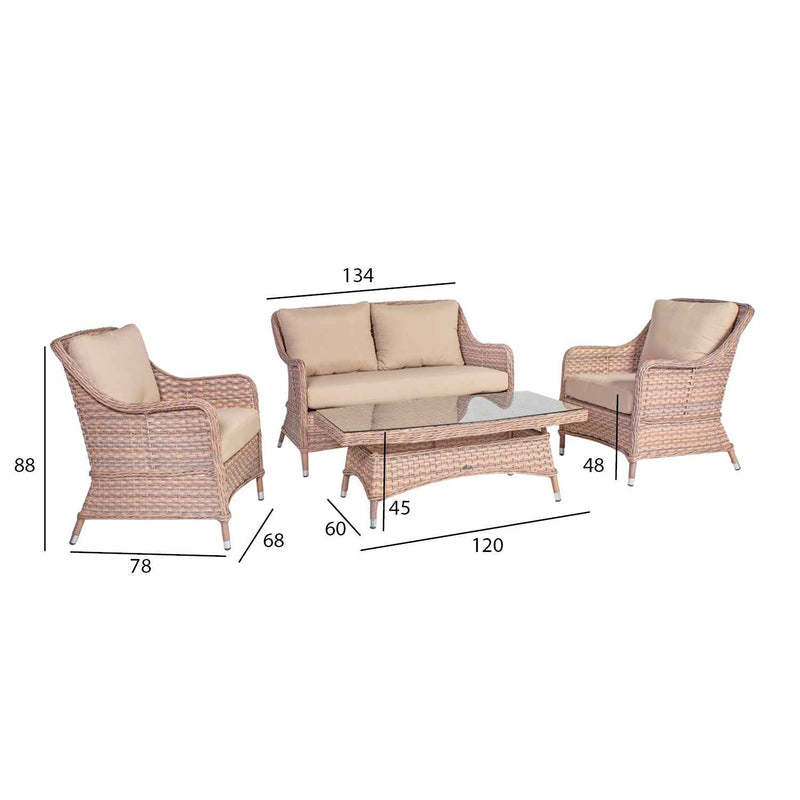 Eden puutarhakalustesetti, pöytä, sohva ja 2 nojatuolia, beige