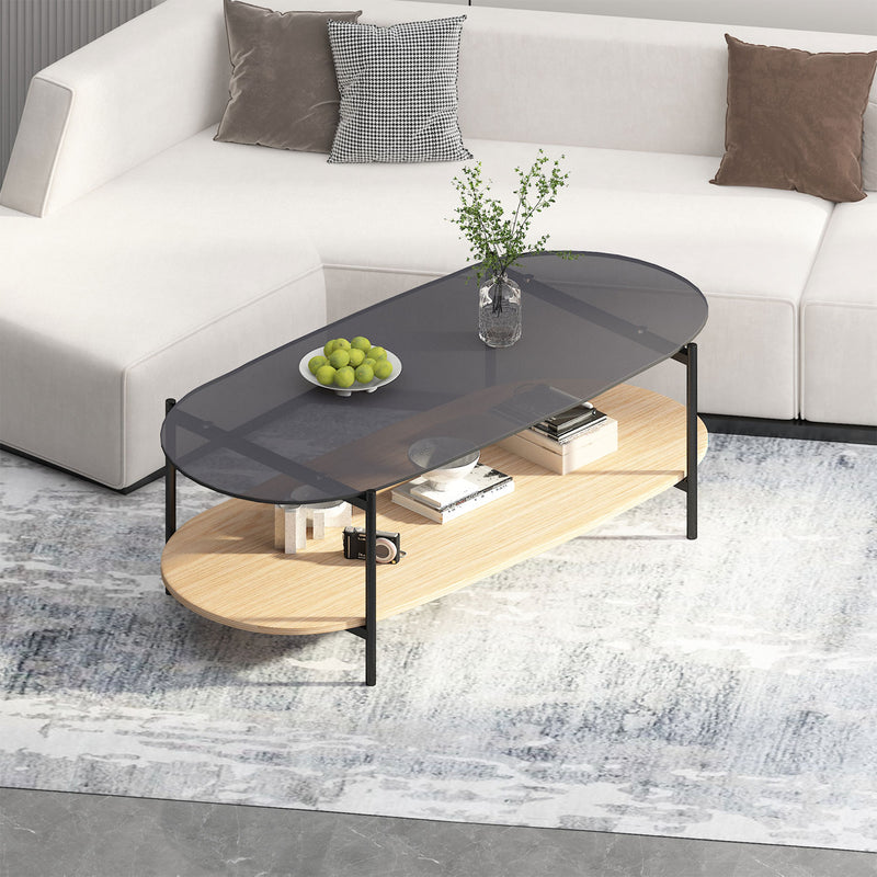 Coffee table CINDY 120x55xH40cm, grey glass/melamine oak - kuva 5
