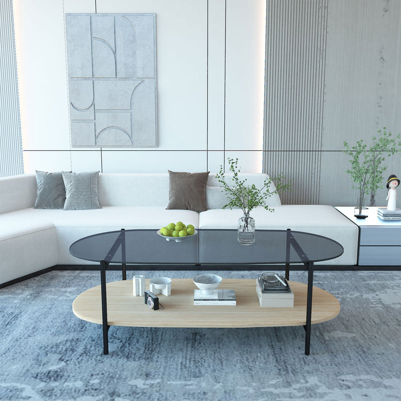 Coffee table CINDY 120x55xH40cm, grey glass/melamine oak - kuva 7