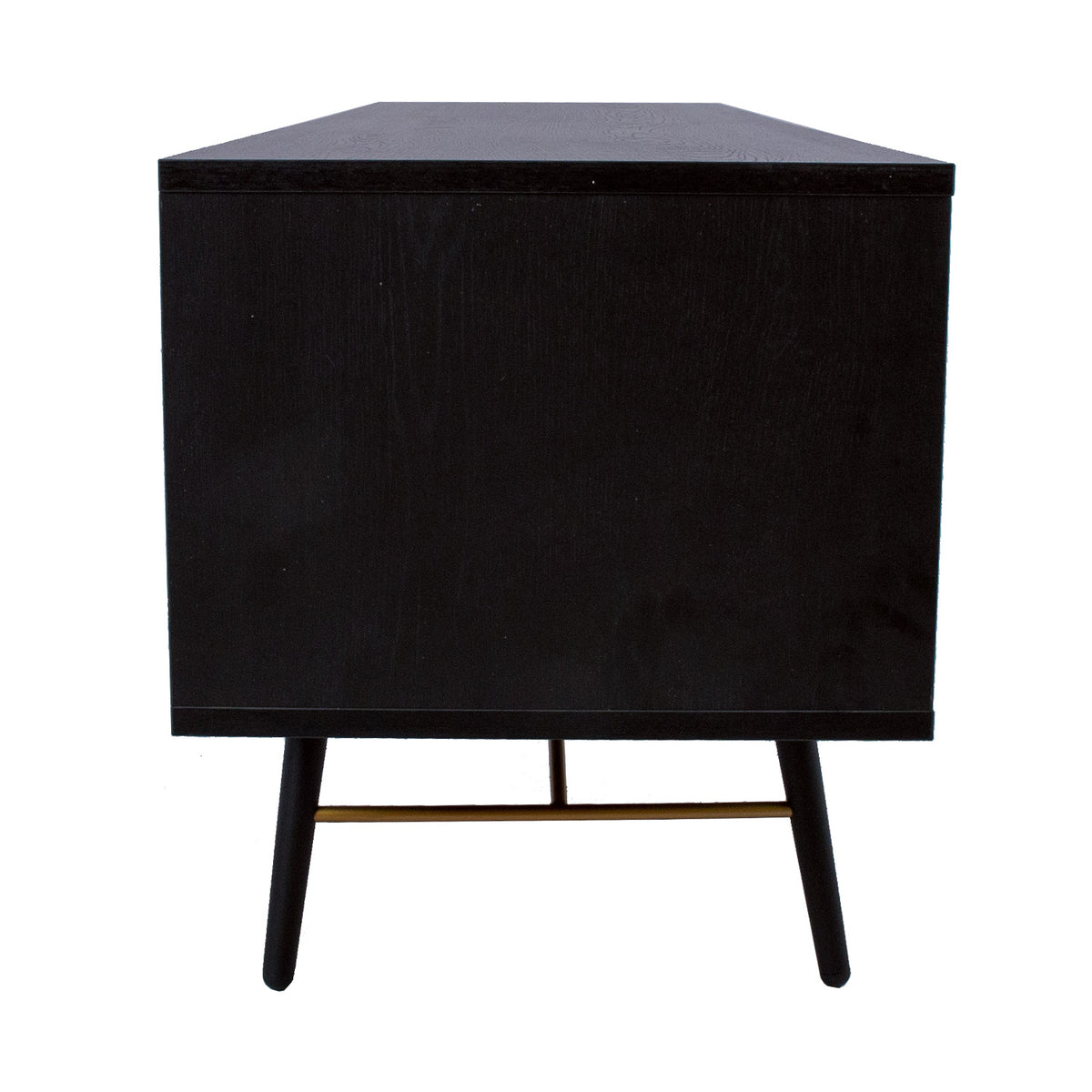 Moderni TV-taso. Mustaa kalustelevyä. Korkeat jalat. Siisti myös takaa.