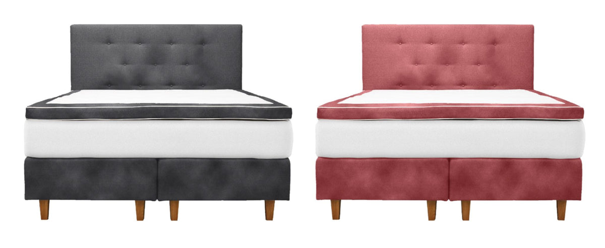 Näyttävä jenkkisänky kestävillä kankailla. Napakka jousitus. Napitettu pääty kuuluu pakettiin.