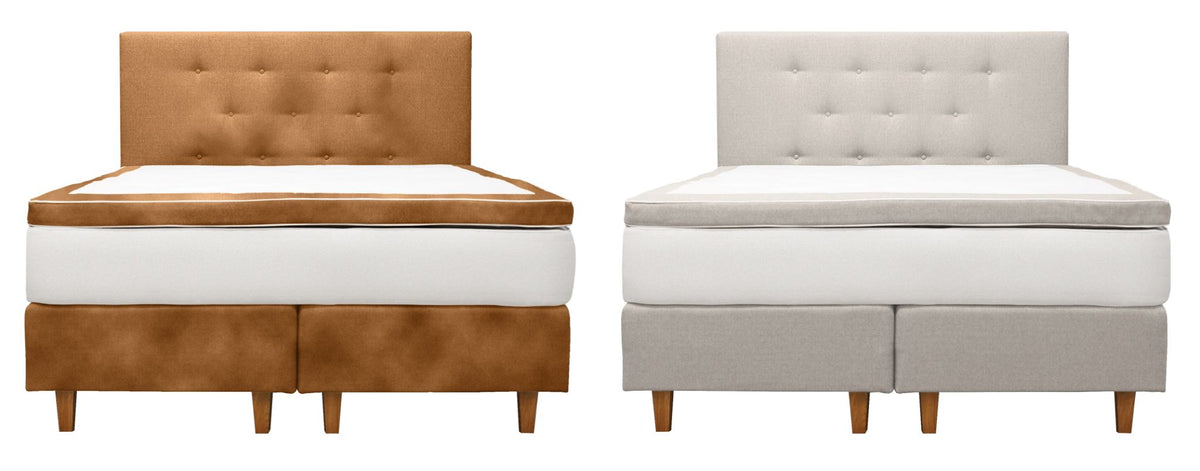 Näyttävä jenkkisänky kestävillä kankailla. Napakka jousitus. Napitettu pääty kuuluu pakettiin.