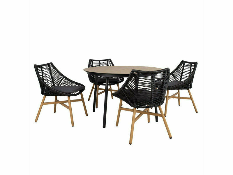 Helsinki ruokailuryhmä 5-osainen pyöreä pöytä ja tuolit musta tiikki pihakalusteryhmä