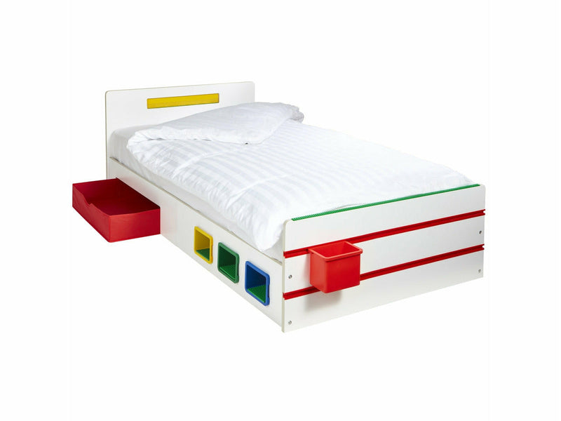 Room2Build lastensänky valkoinen lokeroilla ja aluslaatikolla